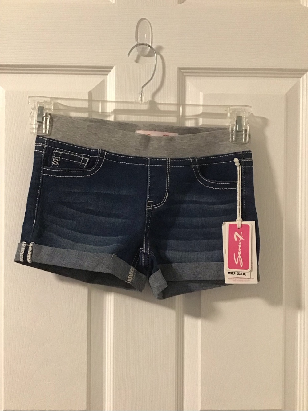 Seven7 Dark Blue Denim Shorts with Grey Elastic Waistband